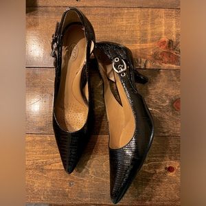 Joan & David Circa black snakeskin low heels